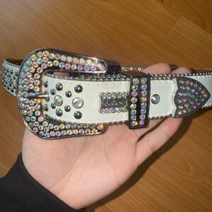 B.B. Simon White Belt with Aurora Crystal Studs